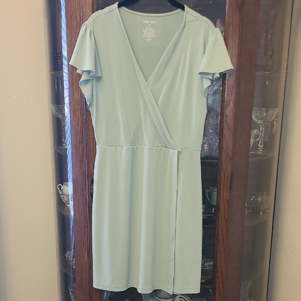 Nine West Light Green Wrap Surplice Dress with Flutter Sleeves